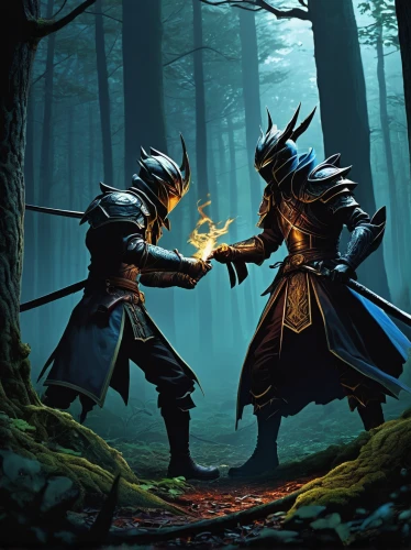 game illustration,sword fighting,massively multiplayer online role-playing game,swordsmen,duel,confrontation,warrior and orc,torchlight,druid grove,role playing game,druids,assassins,guards of the canyon,dragon slayers,wizards,burning torch,fantasy picture,chess game,cg artwork,summoner,Art,Classical Oil Painting,Classical Oil Painting 31