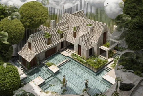 roof landscape,asian architecture,chinese architecture,cubic house,japanese architecture,3d rendering,archidaily,house in the forest,eco-construction,garden elevation,house hevelius,cube house,architect plan,roof garden,kirrarchitecture,model house,bendemeer estates,mansion,frame house,garden design sydney,Architecture,Villa Residence,Modern,Organic Modernism 2