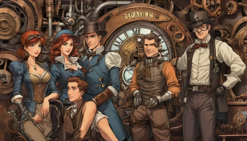 steampunk,steampunk gears,revolvers,deadwood,game illustration,straw hats,fallout4,shipyard,workers,the dawn family,gentleman icons,caravel,sci fiction illustration,wild west,victorian style,the victorian era,fallout,characters,mahogany family,salvage yard,Conceptual Art,Fantasy,Fantasy 25