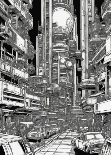 metropolis,panopticon,sci fiction illustration,consumerism,clutter,cyberspace,bottleneck,toy store,virtual world,scifi,bookstore,fantasy city,aisle,dystopia,grocery,grocer,dystopian,escher,interiors,supermarket,Illustration,Black and White,Black and White 06