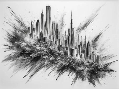 metropolises,destroyed city,fireworks art,cities,city cities,urbanization,black city,shard of glass,city in flames,seismic,pencil art,disintegration,city skyline,city scape,cityscape,metropolis,1wtc,1 wtc,graphite,manhattan skyline,Illustration,Black and White,Black and White 35