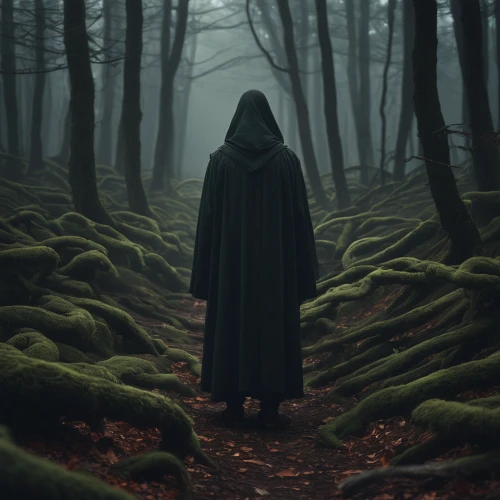 hooded man,cloak,the wanderer,grimm reaper,wanderer,forest man,pilgrimage,the mystical path,haunted forest,sleepwalker,grim reaper,the path,the woods,forest dark,the forest,aaa,photomanipulation,the witch,eerie,mysterious,Photography,Documentary Photography,Documentary Photography 08