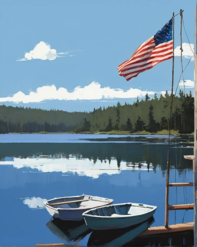 flag day (usa),american frontier,maine,americana,boat landscape,us flag,america,boats and boating--equipment and supplies,digital painting,boathouse,new england,flag of the united states,america flag,seaside country,montana,american flag,sailboats,boats,rowboats,the country,Illustration,Paper based,Paper Based 05