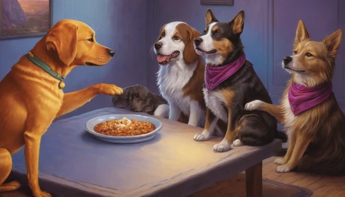 dog cafe,family dinner,pet food,dog food,dinner party,dog illustration,color dogs,three dogs,romantic dinner,dining,dinner,family dog,dog supply,soup bones,dog cartoon,kennel club,fine dining restaurant,round table,scotty dogs,feast noodles,Illustration,Realistic Fantasy,Realistic Fantasy 18