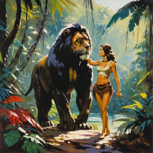 tarzan,she feeds the lion,jungle,king of the jungle,polynesian,tropical animals,mowgli,kong,safari,great apes,animalia,sumatran,ursa,gorilla,polynesia,king kong,honeymoon,the law of the jungle,adam and eve,panther,Conceptual Art,Oil color,Oil Color 09