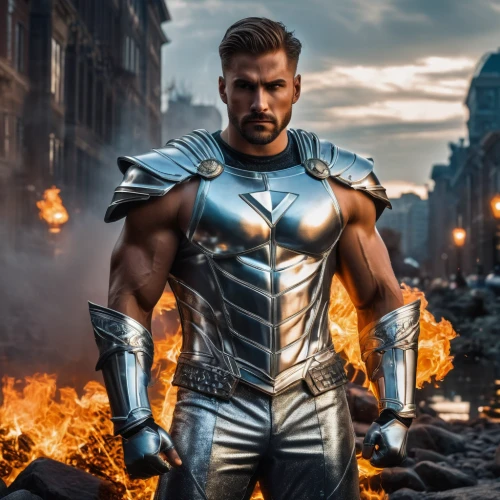 steel man,cleanup,digital compositing,god of thunder,spartan,biblical narrative characters,gladiator,superhero background,sparta,human torch,silver,silver arrow,thor,breastplate,steel,wall,iron,armor,steve rogers,hero,Photography,General,Fantasy
