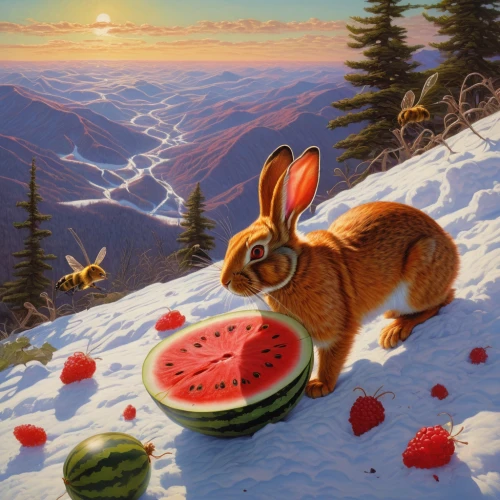watermelon painting,hare trail,mountain cottontail,hare field,wild hare,snowshoe hare,rabbits and hares,american snapshot'hare,jack rabbit,rabbit pulling carrot,hares,steppe hare,hare,wild rabbit,jackrabbit,cottontail,audubon's cottontail,european rabbit,desert cottontail,hare of patagonia,Illustration,Realistic Fantasy,Realistic Fantasy 03