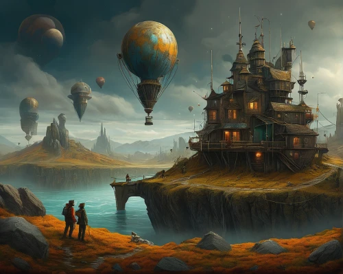 fantasy landscape,airships,floating island,fantasy art,fantasy world,fantasy picture,futuristic landscape,fantasy city,sci fiction illustration,floating islands,mushroom island,alien planet,world digital painting,myst,ancient city,artificial island,3d fantasy,floating huts,sea fantasy,post-apocalyptic landscape,Illustration,Realistic Fantasy,Realistic Fantasy 34