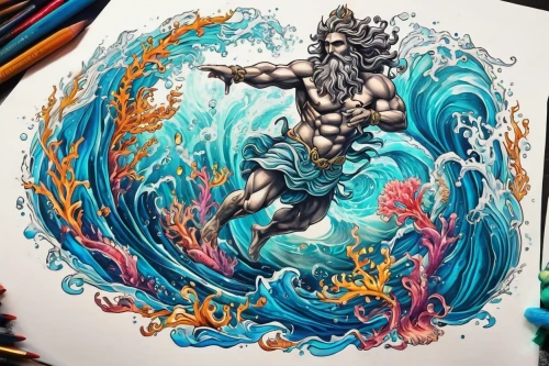 poseidon,aquaman,god of the sea,sea god,merman,sea man,neptune,merfolk,poseidon god face,the man in the water,water creature,triton,aquarius,sea water splash,color pencils,mermaid,sea devil,mermaid vectors,colorful water,water splash,Illustration,Realistic Fantasy,Realistic Fantasy 39