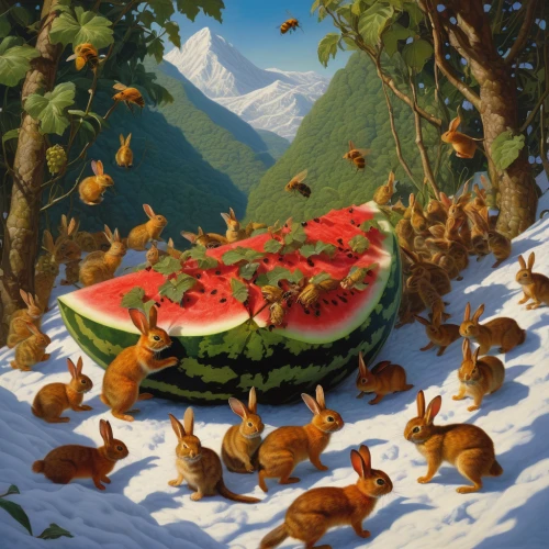 mushroom landscape,watermelon painting,apple mountain,cart of apples,snowy still-life,apple harvest,vegetables landscape,strawberries,mountain scene,alpine pastures,frutti di bosco,basket of apples,picking vegetables in early spring,summer still-life,red fly agaric mushrooms,fox stacked animals,forest animals,fruit fields,bowl of fruit in rain,foragers,Illustration,Realistic Fantasy,Realistic Fantasy 03