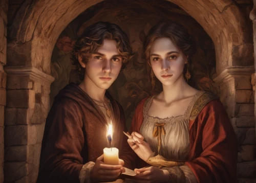 candlemas,gothic portrait,young couple,candlemaker,holy family,romantic portrait,benedictine,candlelights,the prophet mary,the annunciation,santons,church painting,mother and father,the magdalene,adam and eve,the first sunday of advent,the second sunday of advent,the third sunday of advent,jesus in the arms of mary,fourth advent,Conceptual Art,Fantasy,Fantasy 31