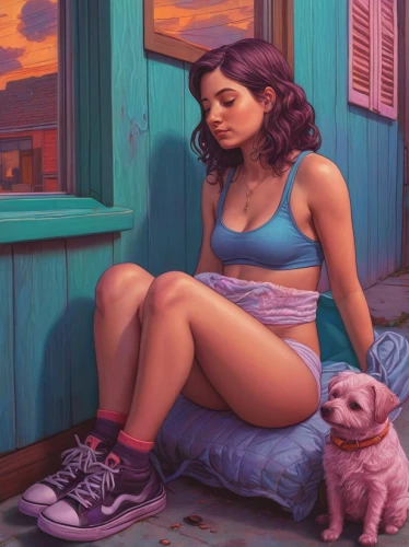 girl with dog,girl sitting,digital painting,world digital painting,pink shoes,la violetta,woman sitting,sci fiction illustration,girl with cereal bowl,holding shoes,pin-up girl,girl portrait,mauve,purple and pink,digital illustration,girl with bread-and-butter,pan dulce,croft,detail shot,game art,Conceptual Art,Daily,Daily 25