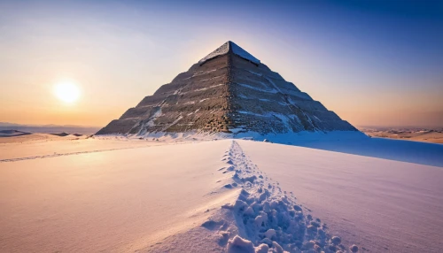 the great pyramid of giza,russian pyramid,eastern pyramid,giza,step pyramid,snow mountain,khufu,pyramids,kharut pyramid,stone pyramid,pyramid,ancient egypt,mountain peak,snow landscape,kirkjufell,mountain sunrise,infinite snow,glory of the snow,glass pyramid,thermokarst,Illustration,Realistic Fantasy,Realistic Fantasy 06