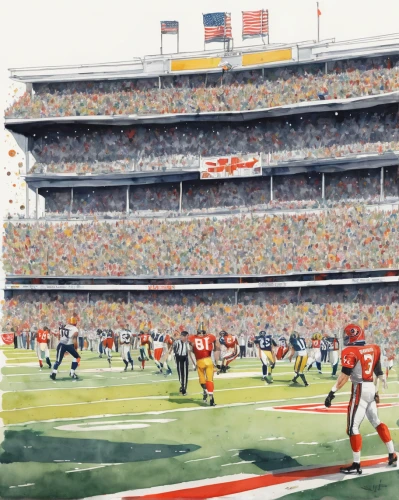 stadium falcon,fedex field,national football league,nfl,gridiron football,sports game,football field,eight-man football,football stadium,spectator seats,the sea of red,six-man football,indoor american football,quarterback,football,the fan's background,oil on canvas,athletic field,sidelines,running clock,Illustration,Paper based,Paper Based 07