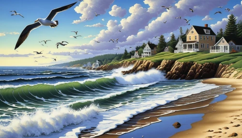 coastal landscape,beach landscape,sea landscape,seaside resort,flying sea gulls,beach erosion,home landscape,seaside country,beach house,seascape,landscape with sea,coastal protection,sea-shore,migratory birds,motif,sea gulls,surrealism,the wind from the sea,wind wave,coastal and oceanic landforms,Conceptual Art,Daily,Daily 33