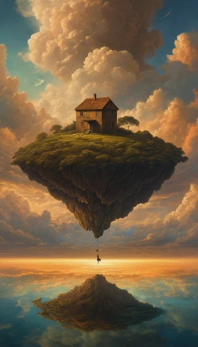 floating island,house with lake,lonely house,island suspended,floating islands,home landscape,floating huts,mushroom island,world digital painting,flying island,an island far away landscape,islet,fantasy landscape,house silhouette,little house,ancient house,floating over lake,surrealism,small house,mushroom landscape,Photography,General,Natural