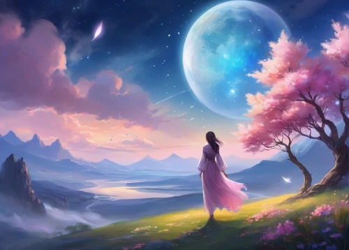 fantasy picture,fantasy landscape,landscape background,fantasy art,dream world,purple landscape,girl with tree,dreamland,fairy world,world digital painting,springtime background,the mystical path,lilac tree,forest of dreams,blue moon rose,mystical,spring equinox,sky rose,mother earth,faerie,Illustration,Realistic Fantasy,Realistic Fantasy 01