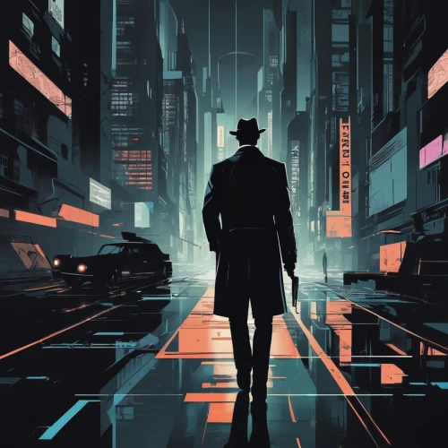 detective,film noir,sci fiction illustration,cyberpunk,transistor,black city,spy visual,walking man,spy,spy-glass,pedestrian,inspector,game illustration,cityscape,investigator,blind alley,man silhouette,holmes,matrix,a pedestrian,Illustration,Black and White,Black and White 32