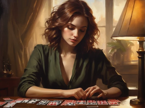 woman playing,poker primrose,game illustration,card game,playing cards,poker set,collectible card game,dealer,gambler,playing card,romantic portrait,clue and white,meticulous painting,dice poker,tokens,poker,gamble,artist portrait,card games,cards,Conceptual Art,Oil color,Oil Color 11