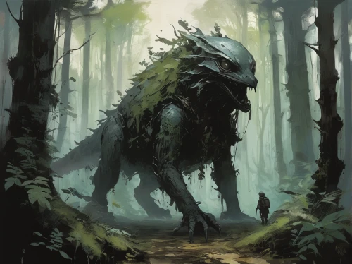 forest dragon,forest animal,swampy landscape,forest man,posavac hound,scent hound,druid grove,predator,forest king lion,druid,concept art,creature,haunted forest,encounter,forest animals,uintatherium,predation,the forest fell,undergrowth,swamp,Conceptual Art,Fantasy,Fantasy 10