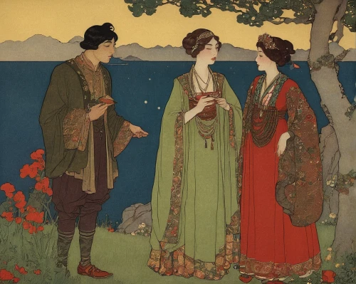 young couple,accolade,floral greeting,idyll,ikebana,promenade,oriental painting,serenade,courtship,way of the roses,dispute,in the early summer,the flute,young women,art nouveau,dongfang meiren,holding flowers,as a couple,girl picking flowers,floral garland,Illustration,Retro,Retro 17