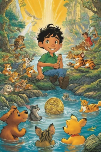 mowgli,children's background,frog gathering,pachamama,a collection of short stories for children,childrens books,kids illustration,children's fairy tale,game illustration,book illustration,frog king,river of life project,magical adventure,a journey of discovery,rosa ' amber cover,the good shepherd,book cover,wishing well,agua de valencia,version john the fisherman,Illustration,Retro,Retro 18