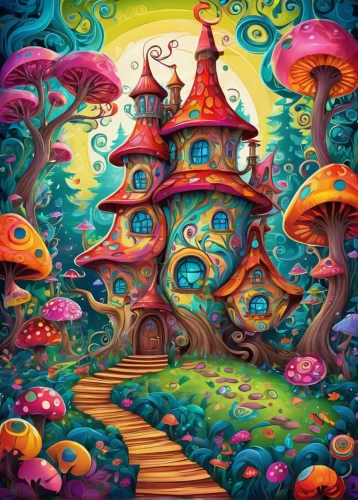 mushroom landscape,fairy village,mushroom island,fairy world,fairy house,fairy forest,fairy chimney,fantasy world,fairy tale castle,treehouse,psychedelic art,scandia gnomes,wonderland,fantasy city,mushrooms,fantasy art,3d fantasy,cartoon forest,fantasy landscape,dream world,Illustration,Realistic Fantasy,Realistic Fantasy 39