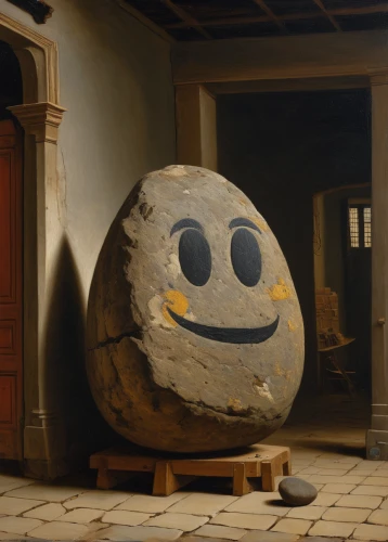 sound studo,ancient art,balanced boulder,boudin,potato character,stone ball,wallyball,pac-man,io,ball-shaped,stone man,bowling ball,rustic potato,dali,old gouda,terracotta,unhappy smiley,pacman,rock painting,bowling ball bag,Art,Classical Oil Painting,Classical Oil Painting 41