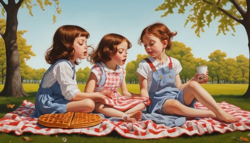 sewing pattern girls,picnic,picnic basket,oil painting on canvas,girl scouts of the usa,little girls,children girls,oil painting,tea party collection,fabric painting,retro pin up girls,tea party,family picnic,three friends,watermelon painting,oil on canvas,checker marathon,art painting,pin up girls,girl with cereal bowl,Conceptual Art,Daily,Daily 14