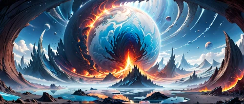 ice planet,maelstrom,fire background,ring of fire,fire planet,ice cave,northrend,fire mountain,dragon fire,thermokarst,door to hell,nine-tailed,pillar of fire,ice castle,charizard,fire ring,burning earth,lava,volcano,moraine,Anime,Anime,General