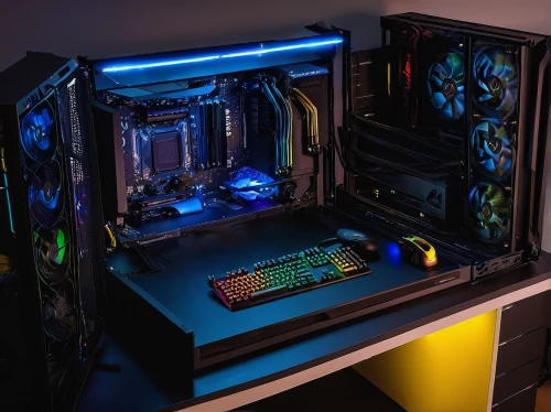 fractal design,computer workstation,pc,old rig,pc tower,muscular build,lures and buy new desktop,rig,desktop computer,computer case,computer cooling,barebone computer,turbographx,gpu,motherboard,computer art,computer desk,dark blue and gold,black light,colored lights,Illustration,Realistic Fantasy,Realistic Fantasy 26