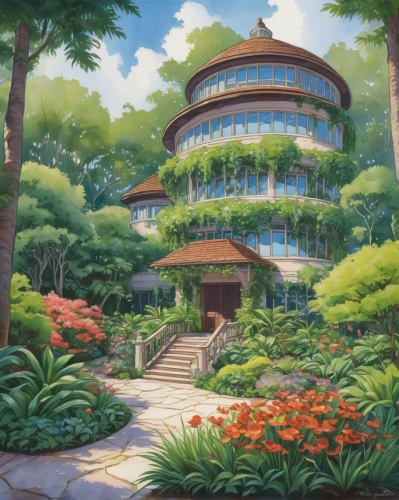 studio ghibli,tropical house,mandarin house,garden of plants,conservatory,eco hotel,tropical bloom,golden pavilion,home landscape,house in the forest,florida home,asian architecture,dragon palace hotel,hacienda,bird kingdom,tropical island,beautiful home,flower dome,roof landscape,holiday complex,Illustration,Children,Children 01