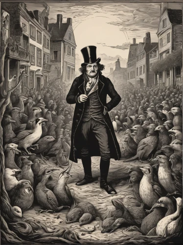 st martin's day goose,thames trader,avian flu,gooseander,frock coat,cordwainer,album cover,carrier pigeon,plague,guy fawkes,a flock of pigeons,the pied piper of hamelin,pied piper,de ville,water fowl,city pigeon,cd cover,wild goose,liberty cotton,game illustration,Art,Classical Oil Painting,Classical Oil Painting 39