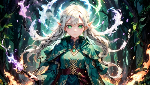 elven,summoner,sorceress,the enchantress,mage,aurora,water-the sword lily,dryad,sword lily,priestess,umiuchiwa,tilia,flame spirit,magic grimoire,rusalka,aura,elven forest,fae,alibaba,elza,Anime,Anime,General