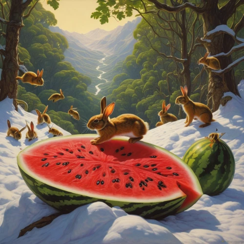 watermelon painting,watermelon background,watermelons,watermelon wallpaper,fruit jams,summer fruit,strawberries,watermelon,summer still-life,forest animals,anthropomorphized animals,frutti di bosco,woodland animals,forest fruit,pere davids deer,fruit preserve,whimsical animals,pome fruit family,surrealism,bowl of fruit in rain,Illustration,Realistic Fantasy,Realistic Fantasy 03