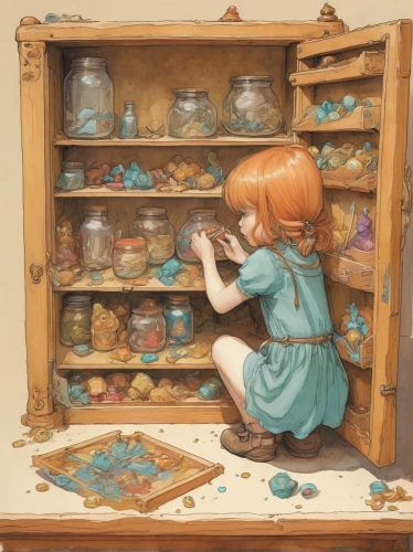 doll kitchen,china cabinet,the little girl's room,pantry,empty shelf,drawer,playing room,a drawer,treasure house,cupboard,shelves,treasure,apothecary,shelf,girl in the kitchen,nursery,music box,armoire,dresser,bookcase,Illustration,Paper based,Paper Based 17