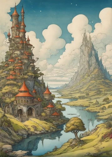 fantasy landscape,mountain settlement,fairy chimney,fantasy world,fantasy city,an island far away landscape,ancient city,floating island,mountain world,mushroom island,high landscape,home landscape,mushroom landscape,knight's castle,fairy village,studio ghibli,fantasy picture,bird kingdom,water castle,fairy tale castle,Illustration,Retro,Retro 19