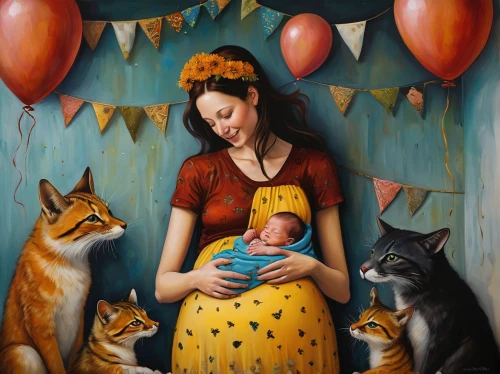 little girl with balloons,cat family,oil painting on canvas,motherhood,oil painting,the mother and children,carol colman,mother with children,mother and children,oil on canvas,carol m highsmith,parents with children,animal balloons,cat lovers,little girl and mother,maternity,baloons,breastfeeding,room newborn,painting easter egg,Illustration,Realistic Fantasy,Realistic Fantasy 34