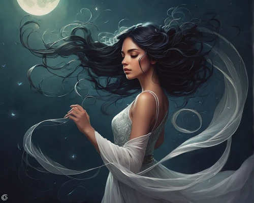 mystical portrait of a girl,moonflower,moonlit,moonlit night,moonbeam,moon phase,queen of the night,moonlight,fantasy portrait,fantasy art,the sea maid,moon addicted,fantasy picture,beach moonflower,the enchantress,blue moon rose,sleepwalker,full moon day,moon night,the zodiac sign pisces,Conceptual Art,Fantasy,Fantasy 17