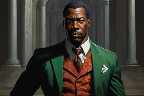 black businessman,a black man on a suit,luther,gentleman icons,butler,riddler,african businessman,twelve apostle,holmes,african american male,suit of spades,morgan,sci fiction illustration,black professional,apostle,game illustration,concierge,green jacket,freemasonry,an investor,Illustration,American Style,American Style 01