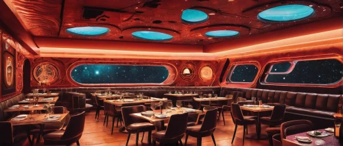 ufo interior,retro diner,diner,floating restaurant,new york restaurant,fine dining restaurant,portuguese galley,spaceship space,breakfast on board of the iron,train car,drive in restaurant,sea fantasy,railroad car,spaceship,rail car,a restaurant,salt bar,houseboat,shrimp boat,railway carriage,Illustration,American Style,American Style 10