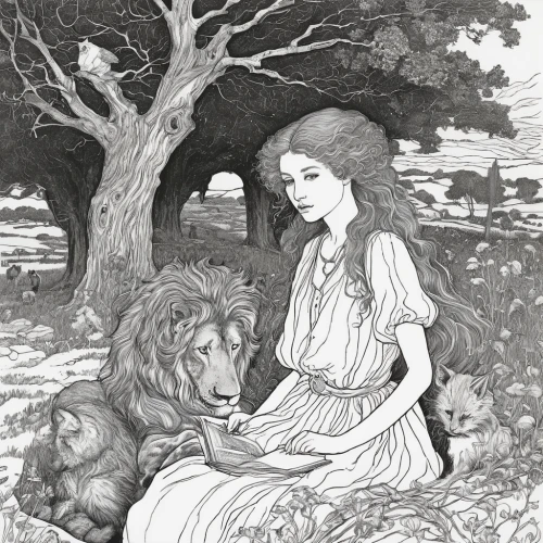 she feeds the lion,book illustration,kate greenaway,female lion,two lion,forest king lion,hand-drawn illustration,lions couple,rusalka,lionesses,capricorn mother and child,fairy tales,vintage illustration,white lion,children's fairy tale,lioness,red riding hood,fairy tale character,fairy tale,a fairy tale,Illustration,Black and White,Black and White 28