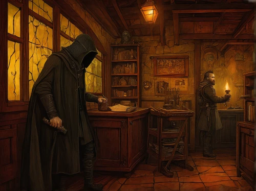 apothecary,candlemaker,dark cabinetry,sci fiction illustration,game illustration,victorian kitchen,monks,clockmaker,dark cabinets,book illustration,merchant,shopkeeper,tavern,lamplighter,tinsmith,watchmaker,consulting room,cookery,theoretician physician,witch's house,Illustration,Abstract Fantasy,Abstract Fantasy 09