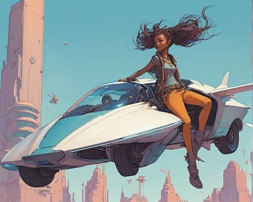 hood ornament,witch driving a car,rosa ' amber cover,sci fiction illustration,hover,girl and car,valerian,sidecar,bullet ride,ride,sprint woman,cover,girl in car,dacia,scooter riding,flying girl,jet ski,sunroof,rider,electric mobility,Illustration,Paper based,Paper Based 17