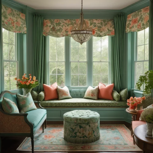window valance,sitting room,window treatment,bay window,floral chair,shabby-chic,teal and orange,dandelion hall,pearl border,shabby chic,interior decor,window curtain,breakfast room,ornate room,easter décor,floral corner,family room,danish room,damask,window covering,Photography,General,Natural