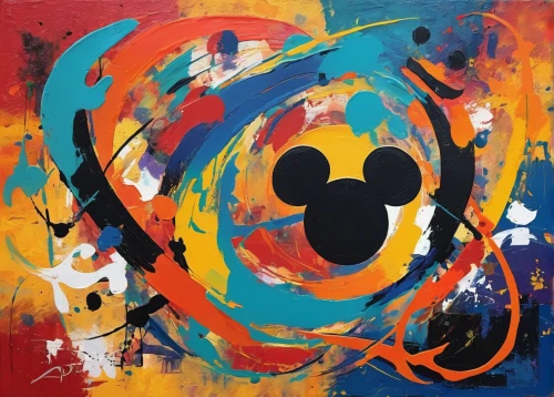 mickey mouse,two-point-ladybug,micky mouse,abstract cartoon art,mickey,abstract painting,mickey mause,pac-man,atom,om,circle paint,yinyang,abstract artwork,autism infinity symbol,dot,eighth note,circles,music note,modern pop art,oil painting on canvas,Conceptual Art,Oil color,Oil Color 20