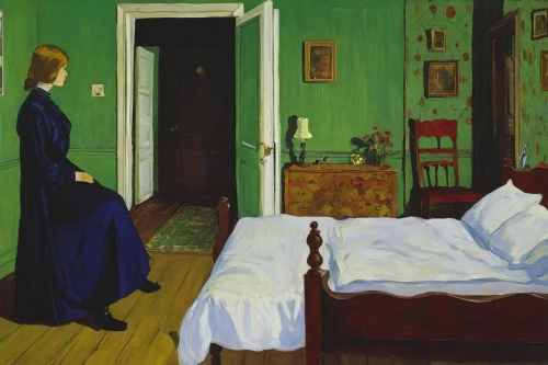 woman on bed,bedroom,blue room,children's bedroom,the little girl's room,girl in bed,woman laying down,danish room,doctor's room,woman sitting,vincent van gough,guest room,sleeping room,the girl in nightie,dormitory,therapy room,guestroom,orlovsky,woman hanging clothes,patient,Art,Classical Oil Painting,Classical Oil Painting 27