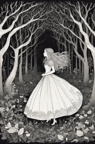 ballerina in the woods,fairy tales,fairy tale,a fairy tale,book illustration,children's fairy tale,fairytales,fairy tale character,wonderland,alice,alice in wonderland,hoopskirt,fairytale,jessamine,cinderella,the snow queen,white rose snow queen,fairytale characters,red riding hood,faerie,Illustration,Black and White,Black and White 02