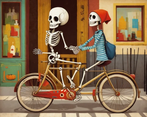 vintage skeleton,skull racing,tandem bicycle,bicycle ride,skull rowing,skeletons,tandem bike,bicycles,bicycle riding,day of the dead skeleton,memento mori,bicycling,bicycle mechanic,cyclists,bicycle,halloween illustration,bike tandem,vintage boy and girl,biking,old couple,Art,Artistic Painting,Artistic Painting 29