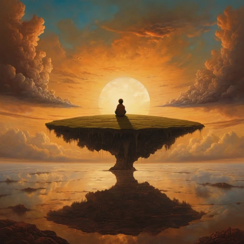 floating island,somtum,adrift,equilibrium,meditate,meditation,vipassana,equilibrist,fantasy picture,enlightenment,surrealism,butterfly isolated,transcendence,surrealistic,golden scale,flying saucer,inner light,world digital painting,dune,the horizon,Photography,General,Natural